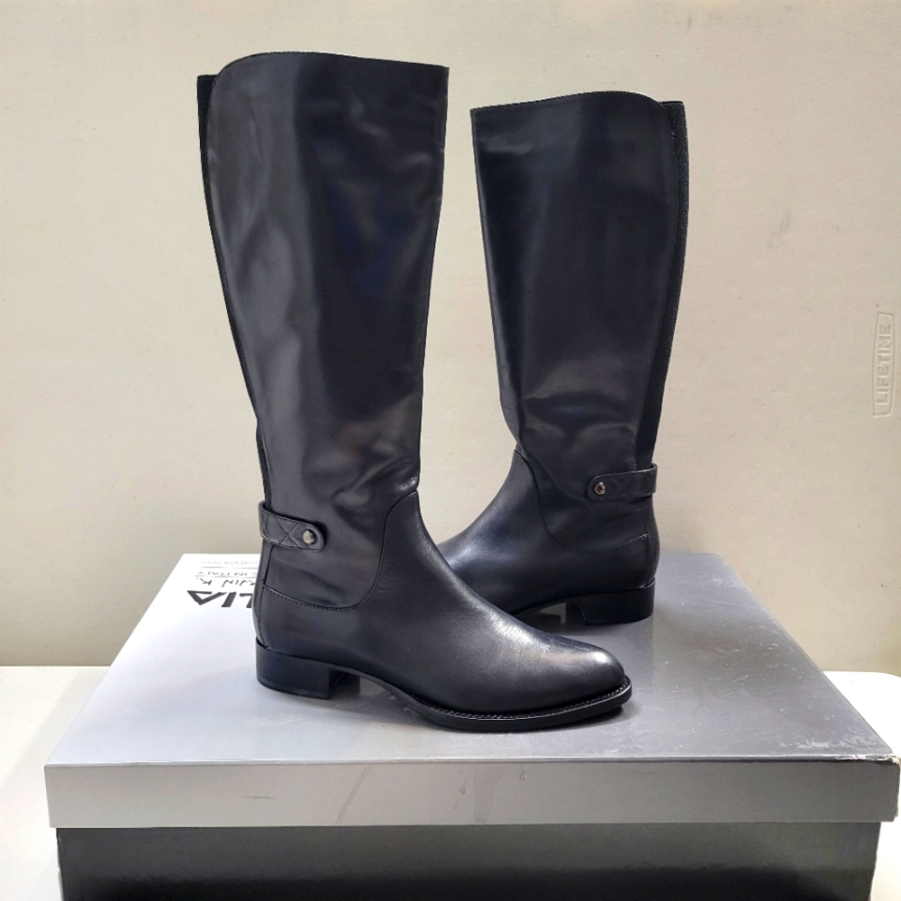 Aquatalia Opie Leather Tall Weatherproof Zipper W Elastic Boots Black Size 7